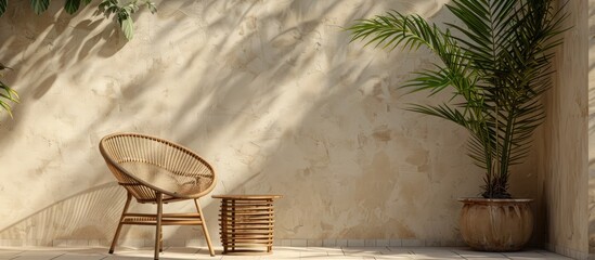 Copy space image of a wicker chair and wooden table in a restaurant a rattan chair in a Scandinavian living room Mediterranean minimal wall with a green plant in exterior architecture featuring warm