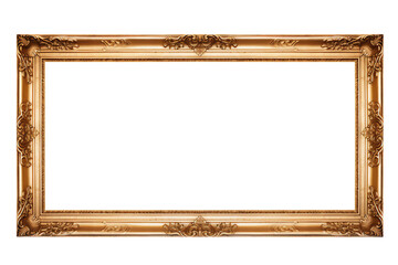 Gold gilt landscape picture frame with an empty blank canvas for use as a border or home décor, png file cut out and isolated on a transparent background, stock illustration image