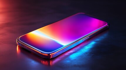 Smartphone with vibrant neon reflections, dark background.
