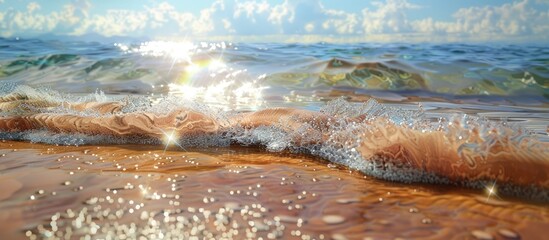 During summer the sun s reflection makes the waves in the lake glisten creating a picturesque scene with bright sand and a tranquil sea in the background perfect for a copy space image