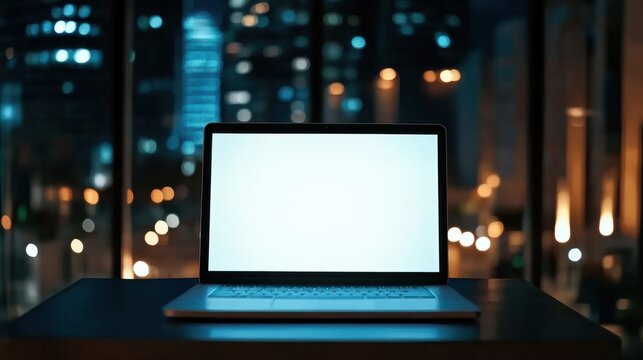 modern laptop with blank screen on a table in a smart city office setting with blurred background