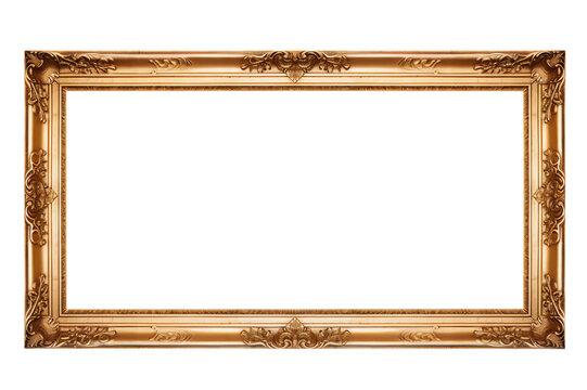 Gold gilt landscape picture frame with an empty blank canvas for use as a border or home décor, png file cut out and isolated on a transparent background, stock illustration image