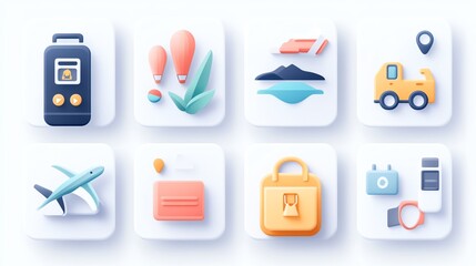 Travel-themed icons on a white isolated background.