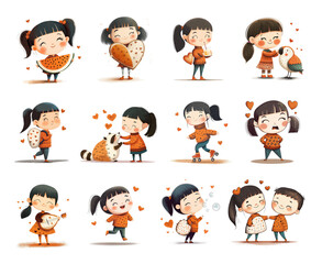 A set of cute cartoon illustrations of the same little girl in various actions of everyday life.  A small brunette kid in an orange sweater and her daily routine. A female child doing fun activities