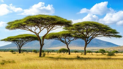 Obraz premium Wide shot of African acacia trees standing tall on a flat savanna, with room for copy