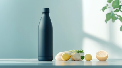 Vibrant Healthy Lifestyle Concept with Matte Navy Blue Thermos Water Bottle Surrounded by Fresh Smoothie Ingredients on Sunlit Kitchen Counter