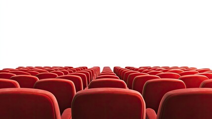 Naklejka premium Empty cinema with rows of red velvet seats, the screen waiting for the next screening, isolated on white