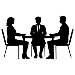 Two individuals engage in a discussion with a leader during a meeting around a table in a professional setting