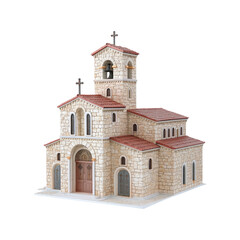 Stone Church Building with Bell Tower and Crosses