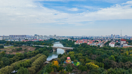 Aerial photo of the city scenery of Qingzhou in China