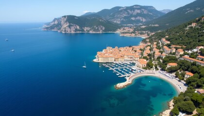 Obraz premium Idyllic coastal town with vibrant blue waters and lush greenery