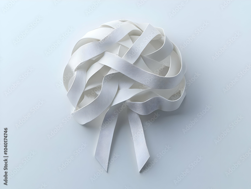 Canvas Prints Flat White Mental Health Awareness Ribbon Illustration - White Ribbon Forming Brain Shape for Mental Health Symbolism, Dual Meaning, Isolated on White Background, Simple Flat Vector Design