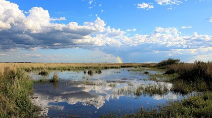 Fototapeta premium A rainbow arches over a calm lake with green grass and puffy clouds in the sky.
