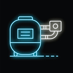 Glowing neon icon of a water filter system with pipes and a control panel, providing clean and safe drinking water