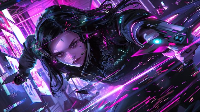 Stylized Anime E-Sports Gamer: Colorful Hair, Sleek Headset, Virtual Battle, Holographic Displays, Cyberpunk Setting