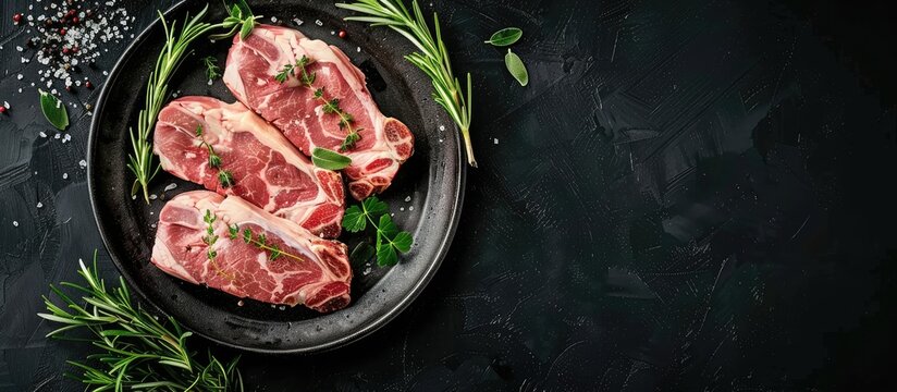 Steel plate with raw pork ham hocks and herbs on a black background in a top view copy space image