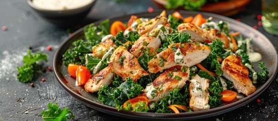 Chicken ranch salad topped with creamy kale on a plate with copy space image