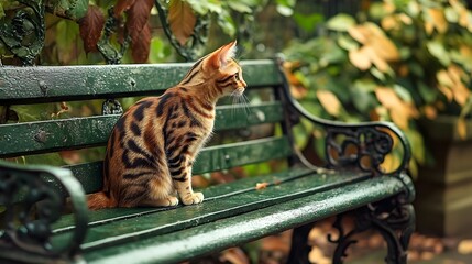 A cat watching birds from a garden bench during a spring event , High-resolution,Ultra-realistic,Crystal-clear