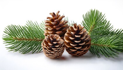 Close-up of  pine cones and a pine branch isolated on a white background, evoking a natural and festive atmosphere.