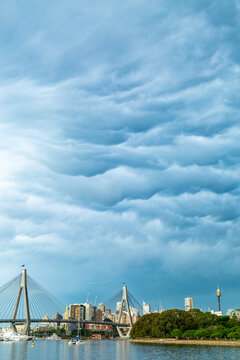 Dramatic clouds above ANZAC Bridge and Johnstons Bay.