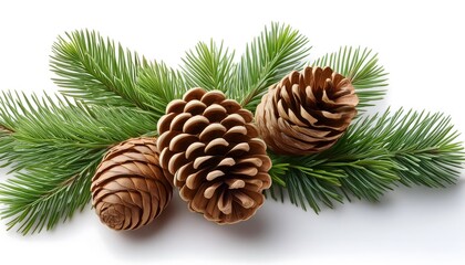 Close-up of  pine cones and a pine branch isolated on a white background, evoking a natural and festive atmosphere.