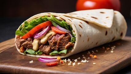 Street-Style Kebab Wrap with Tender Meat and Fresh Vegetables, Cut Kebab Wrap Reveals Tender Meat, Fresh Veggies, and Tangy Sauce in Flatbread