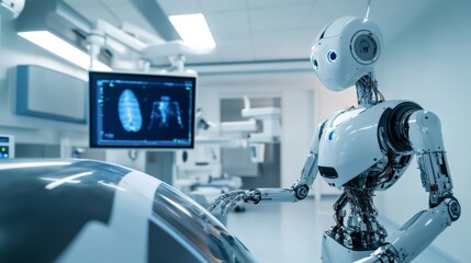 A robot managing high-tech medical imaging devices in a state-of-the-art diagnostic center with sophisticated imaging tools, clean and sterile environment, Medical-tech style
