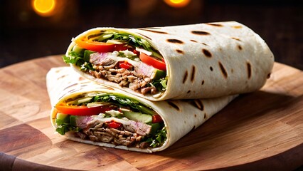 Street-Style Kebab Wrap with Tender Meat and Fresh Vegetables, Cut Kebab Wrap Reveals Tender Meat, Fresh Veggies, and Tangy Sauce in Flatbread