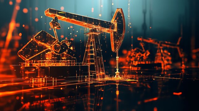 Abstract digital rendering of an oil pump in a field, with glowing lines and particles.