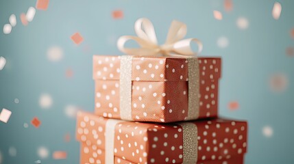 Obraz premium banner in vintage or retro style, pastel colors, Christmas gifts and confetti on soft blue background.
