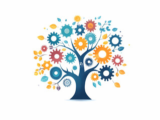 Flat Abstract Gears Interlocking with Tree Branches Symbolizing Innovation Growth in ESG Business Negotiations Bokeh Effects Zooming on Interlocking Point White Background Simple Vector Illustration