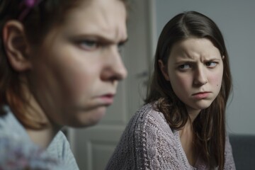 Tense moment between a teenage girl and her angry mom in a dimly lit room reflecting conflict and emotional struggle