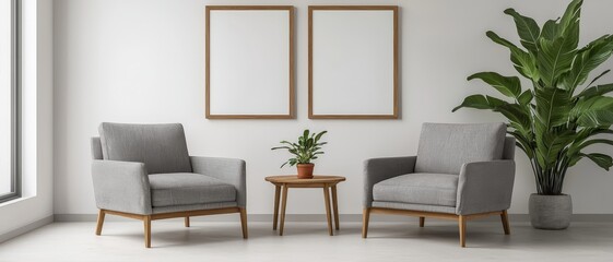 Symmetrical Minimalist Interior with Gray Armchairs, Wooden Coffee Table, and Soft Lighting in Tranquil Contemporary Setting