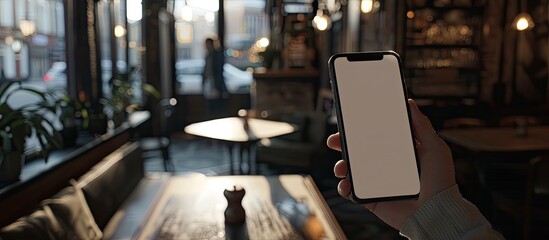 A man s hand holds a smartphone in a cafe featuring a corner with a blurred background providing ample copy space image