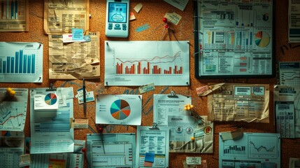 Stock charts and graphs pinned on a corkboard with pushpins, surrounded by financial news clippings and personal notes, reflecting an active investment strategy