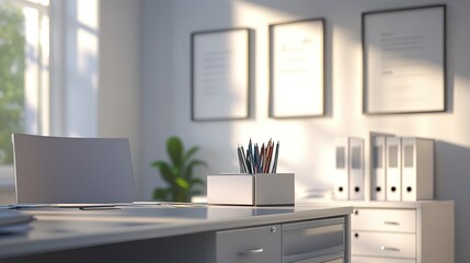 A modern desk and filing cabinet in a bright office environment with space for copy
