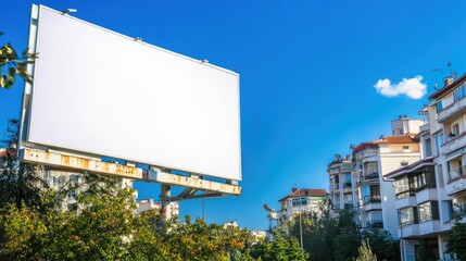 Fototapeta premium Blank white billboard in an urban area, surrounded by buildings and a clear blue sky. Suitable for advertising or message display in a bustling city --chaos