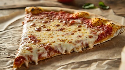 A single slice of classic cheese pizza on parchment paper.