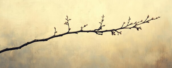 A solitary branch, with just a few leaves, in front of a soft, neutral background