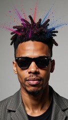 Obraz premium Creative portrait showcasing an African American man in sunglasses and vibrant hair exploding with colors symbolizing imagination