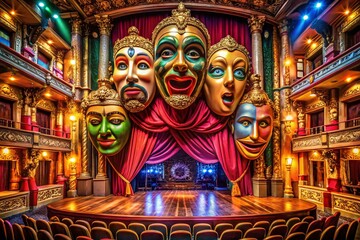 Panoramic View of Theater with Sad and Happy Masks Representing the Great English Playwrights of History