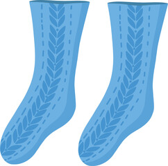 A pair of knitted blue socks with a pattern. Collection of socks, winter illustration. A set of fashionable clothes in an individual style. Vector New Year's illustration.