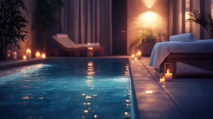 Photo of an indoor swimming pool in a spa setting with candles, white towels, and a massage table, right side empty for copy space, warm, inviting lighting