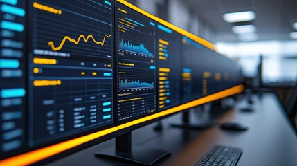 Long line of monitors showcasing dynamic data visual
