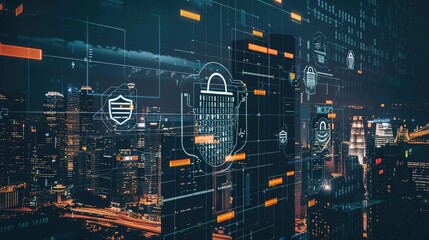 Modern Network Security Interface: Intricate Cyber Defenses, Encrypted Data Streams, Neon Cityscape Backdrop