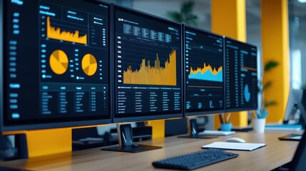 Three monitors display colorful pie charts and graphs