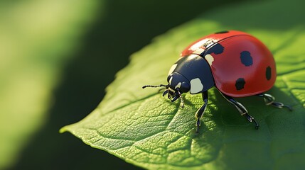 Fototapeta premium A close-up of a vibrant red ladybug with black spots perched on a green leaf, showcasing nature's beauty and detail.