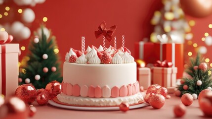 cake and gifts flat design front view 3D render, New Year Festival