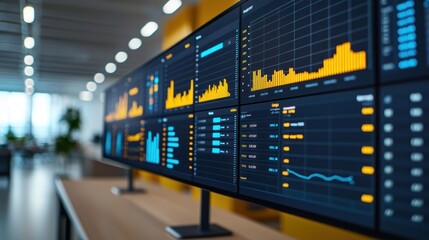 Modern data dashboard in office environment displays.