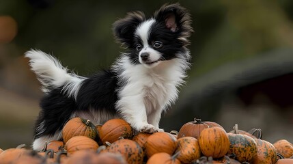 playful Papillon puppy climbing a pile of pumpkins at an autumn festival , High-resolution,Ultra-realistic,Crystal-clear